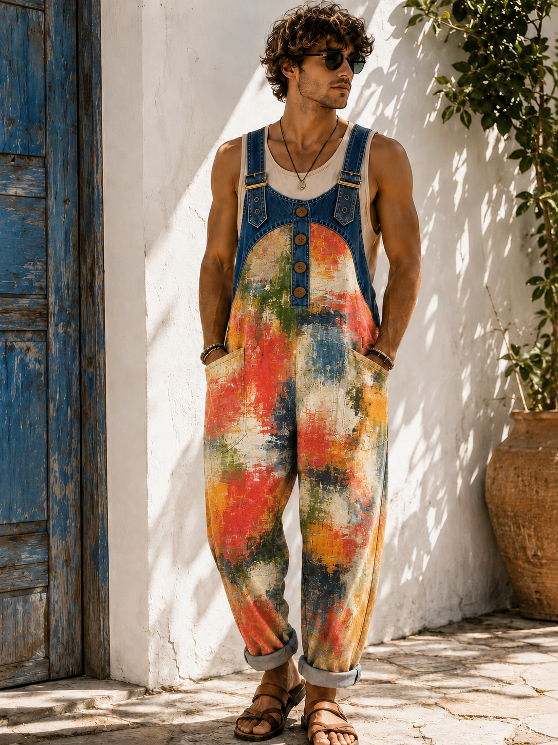 Men's Retro Art Print Casual Sleeveless Denim Patchwork Jumpsuit