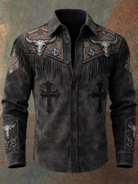 Men's Retro Western Style Art Print Vintage Tassel Casual Long Sleeve Shirt