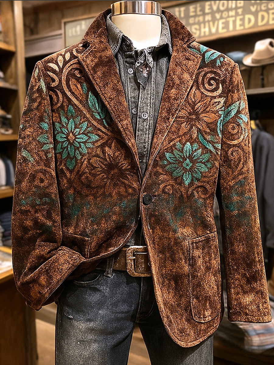 Men's Retro Western Style Print Casual Corduroy Pocket Blazers