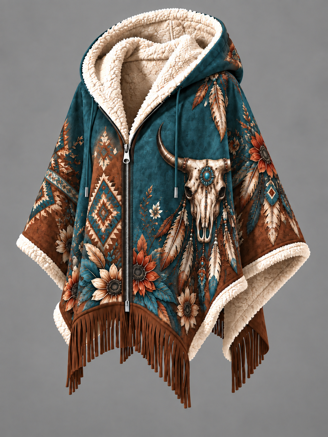 Women's Fall Winter Vintage Art Fleece-Lined Hooded Fringe Poncho