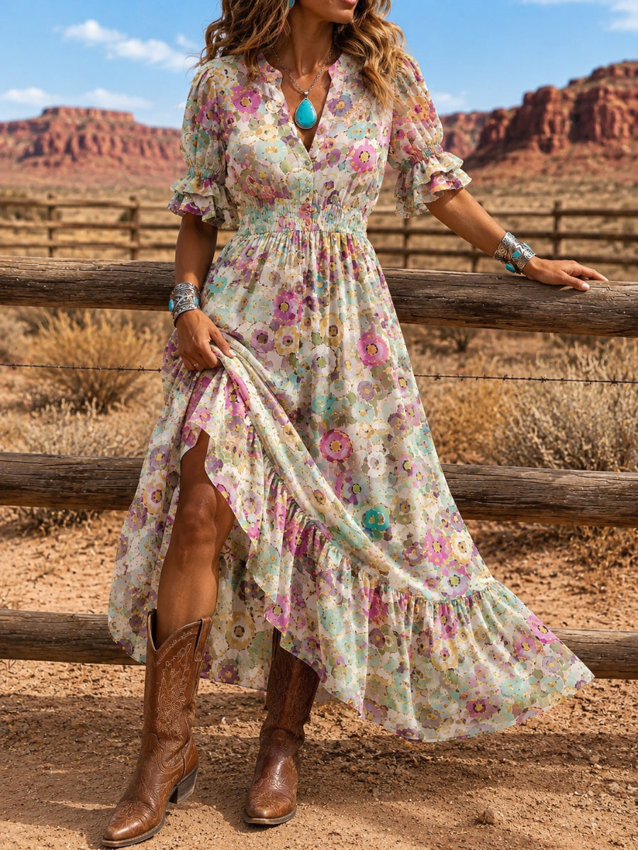 Women's Retro Art Print Washed Cotton Lace Patchwork Midi Dress