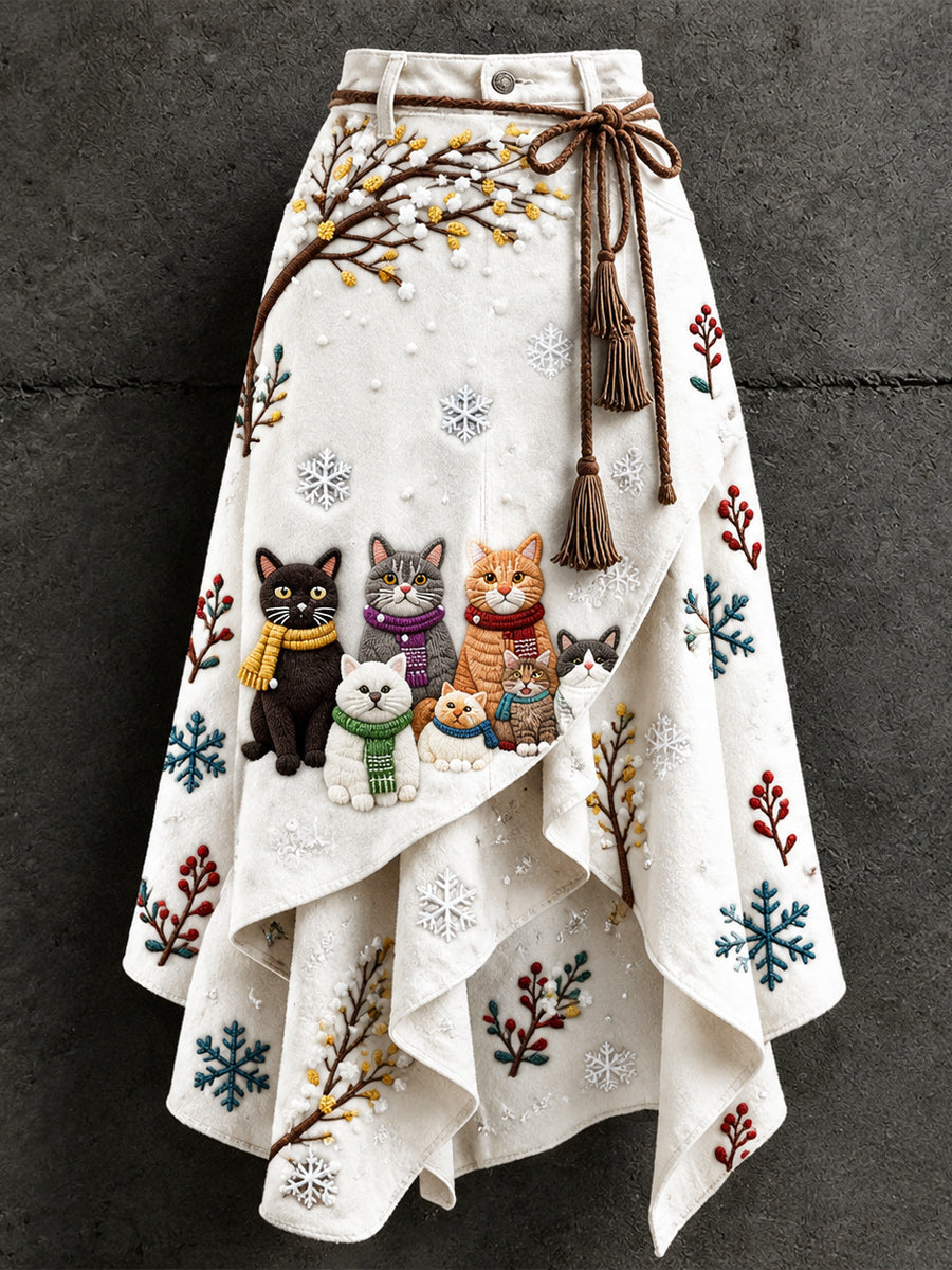 Women's Retro Style Art Print Irregularly Layered Stitched Skirt