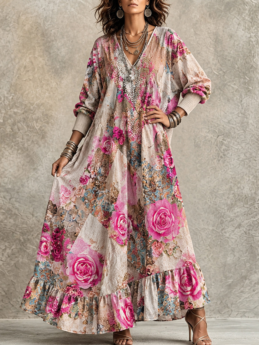 Retro Art Print Casual Vintage V-Neck Long-Sleeve Cotton Dress
