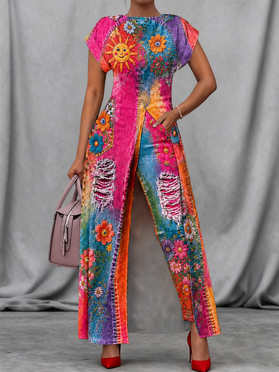 Retro Style Art Print Vintage Long Split Shirts Dress Skinny Pants Two-Piece Set