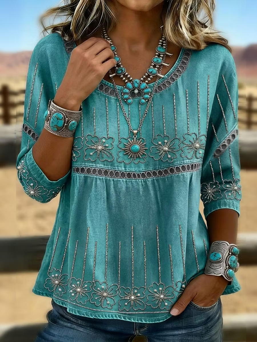 Vintage Art Print Casual 3/4 Sleeves Hollow Shirt