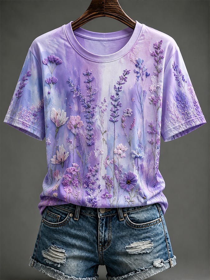 Women's Retro Hummingbird And Floral Print Comfortable T-Shirt