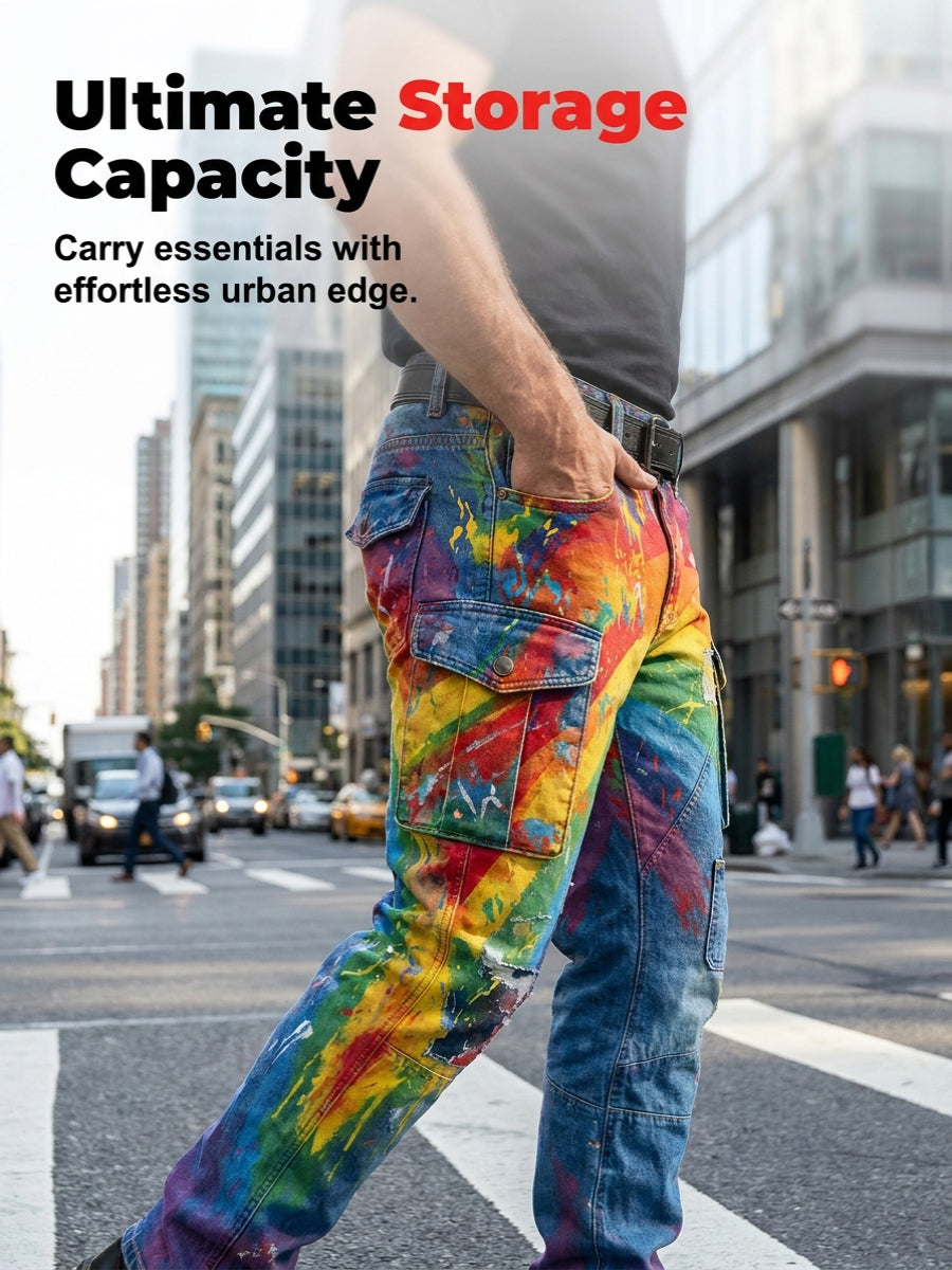 Men's Retro Rainbow Pattern Printed Casual Work Pants