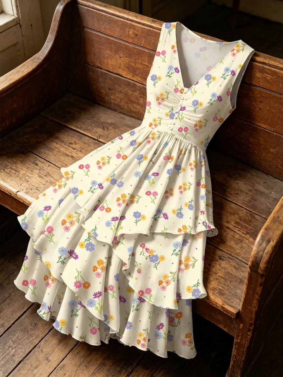 Retro Floral Art Print Casual Vintage V-Neck Button Midi Dress