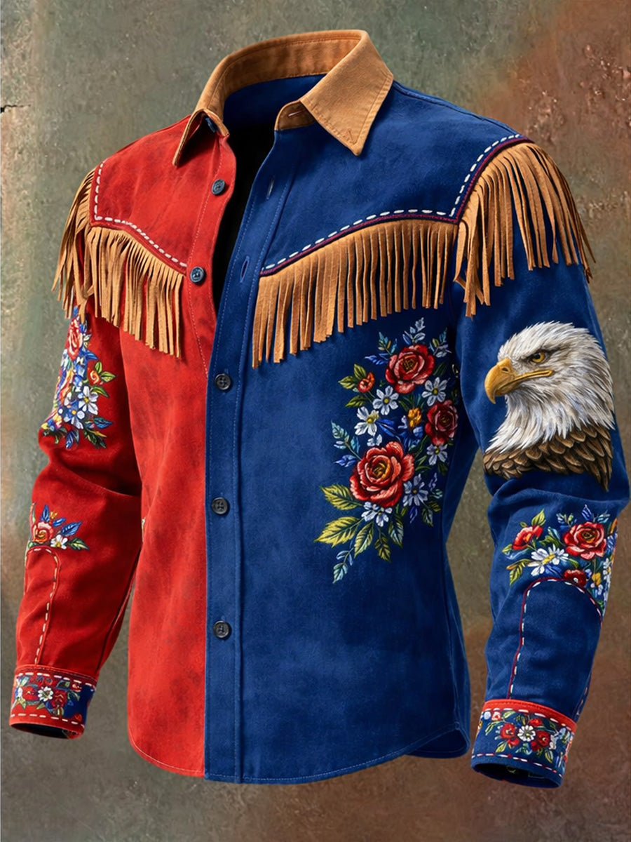 Men's Retro USA Flag Art Print Western Vintage Tassel Casual Long Sleeve Shirt