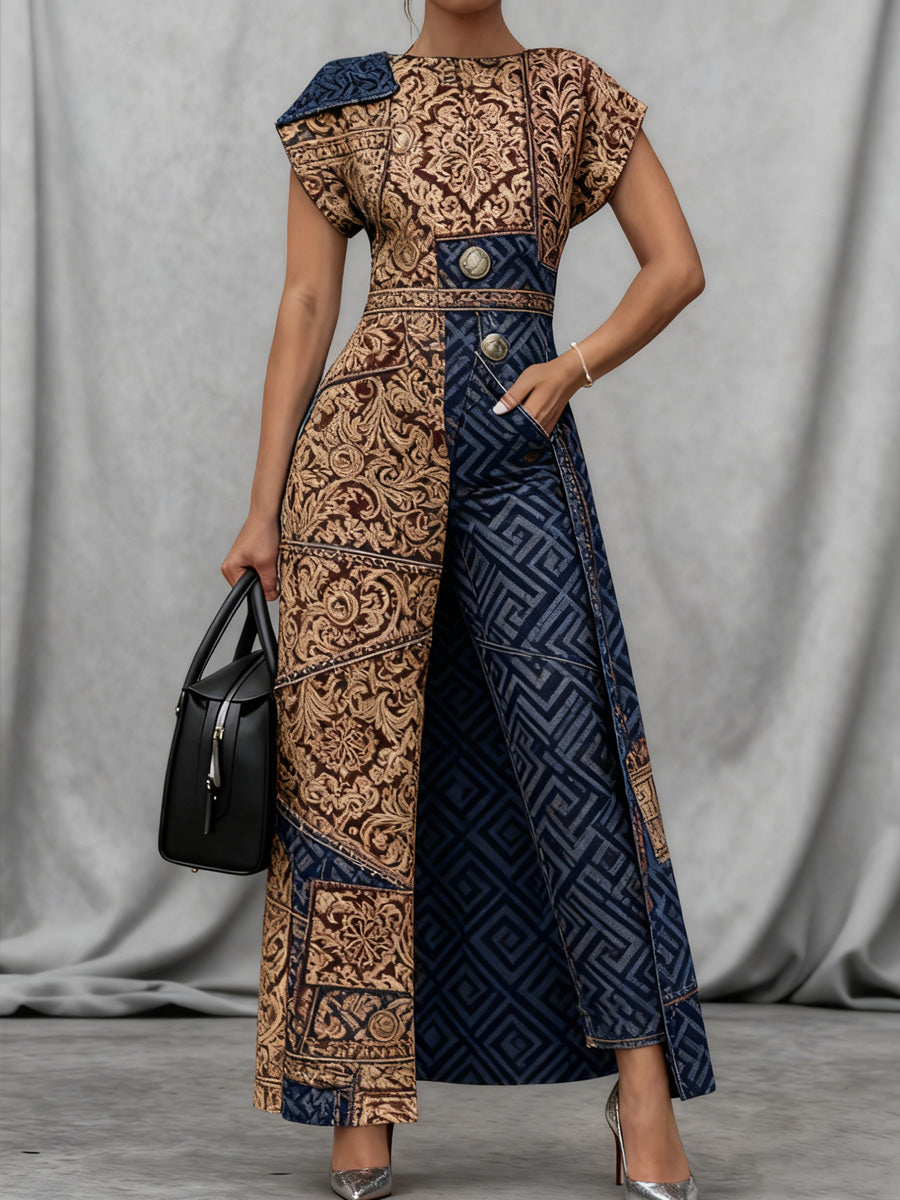 Retro Boho Denim Floral Art Print Vintage Long Split Shirts Dress Skinny Pants Two-Piece Set