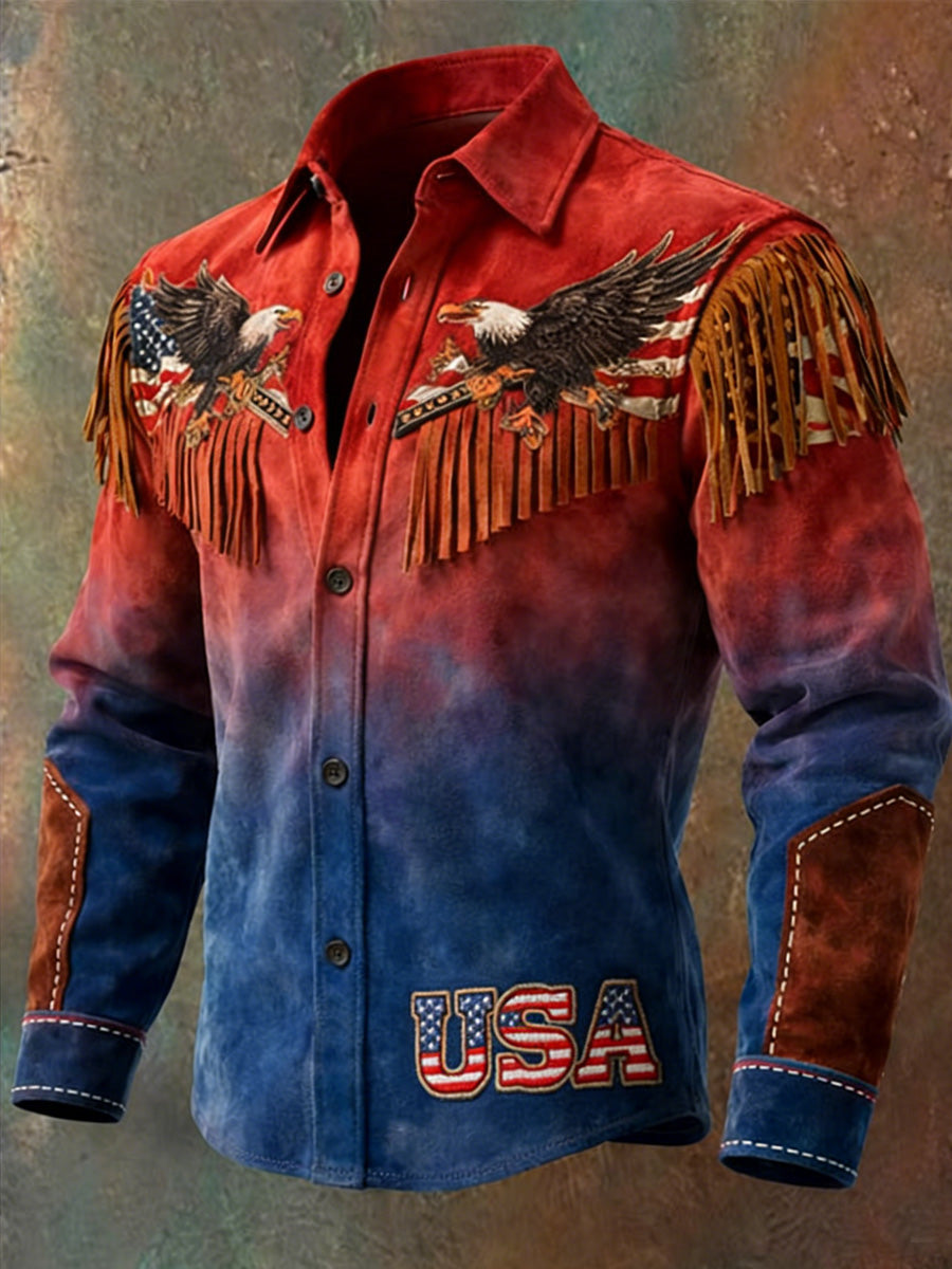 Men's Retro U.S 250 American Eagle Print Western Vintage Tassel Casual Long Sleeve Shirt