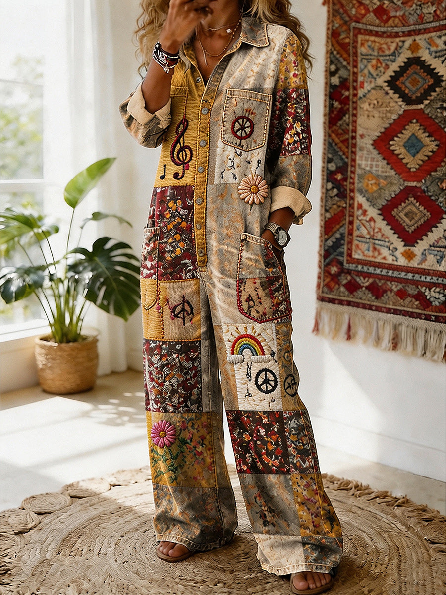 Women's Retro Style Art Print Washed V-Neck Cotton Denim Patchwork Jumpsuit