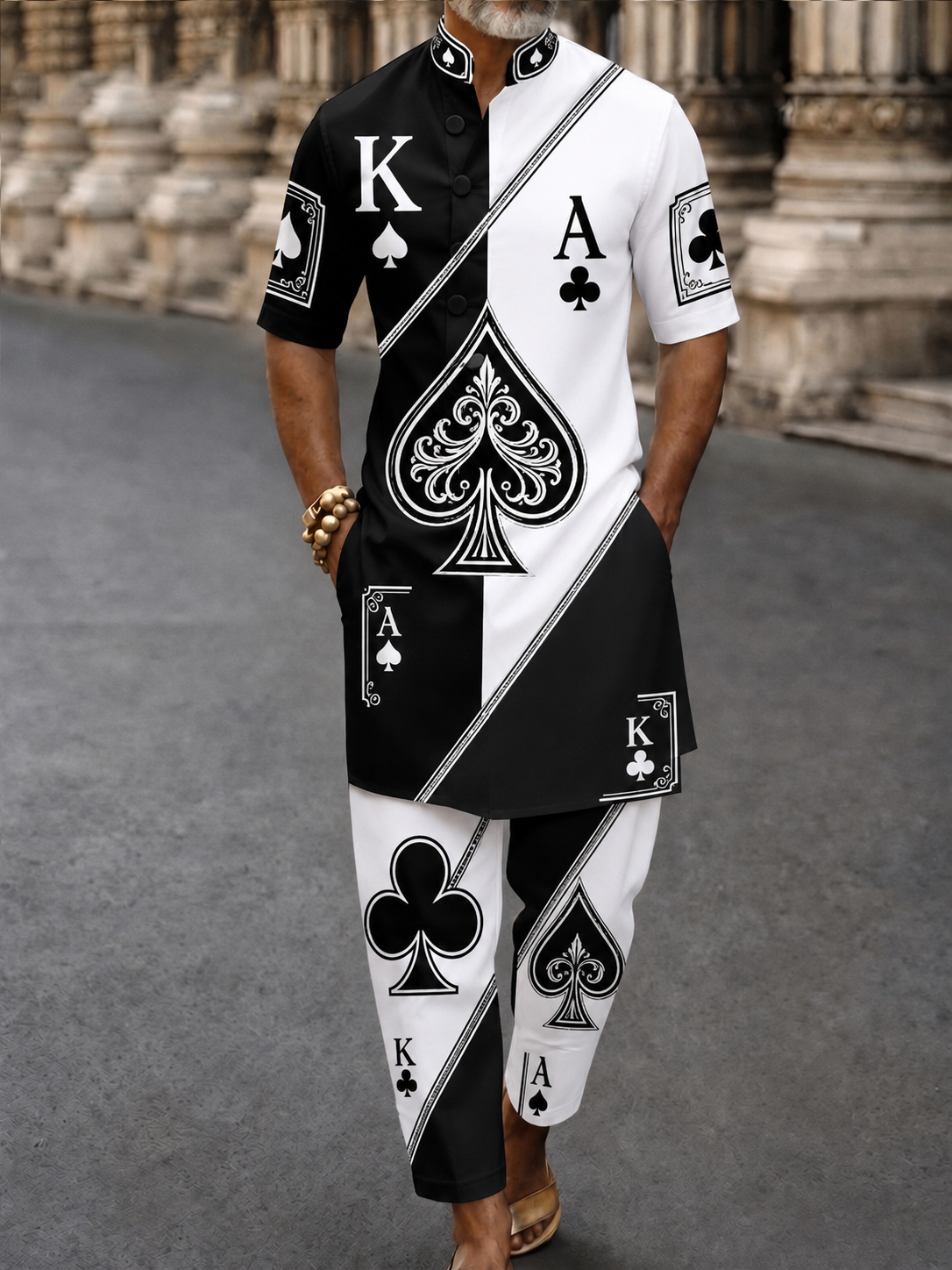 Men's Poker Card Art Casual Vacation Cotton Shirt Set