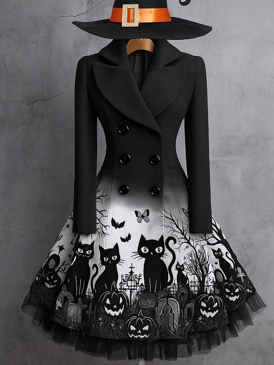 Raven Floral Art Print Vintage Elegant Lapel V-Neck Button Up Long Sleeve Coat Dress