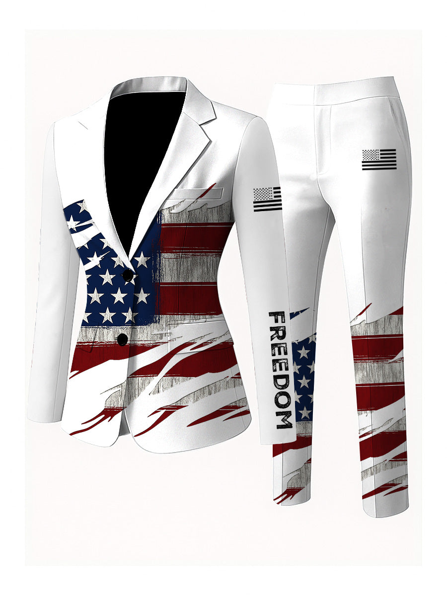 Women's Freedom American Flag Print Casual Blazer Trousers Two-Piece Suits