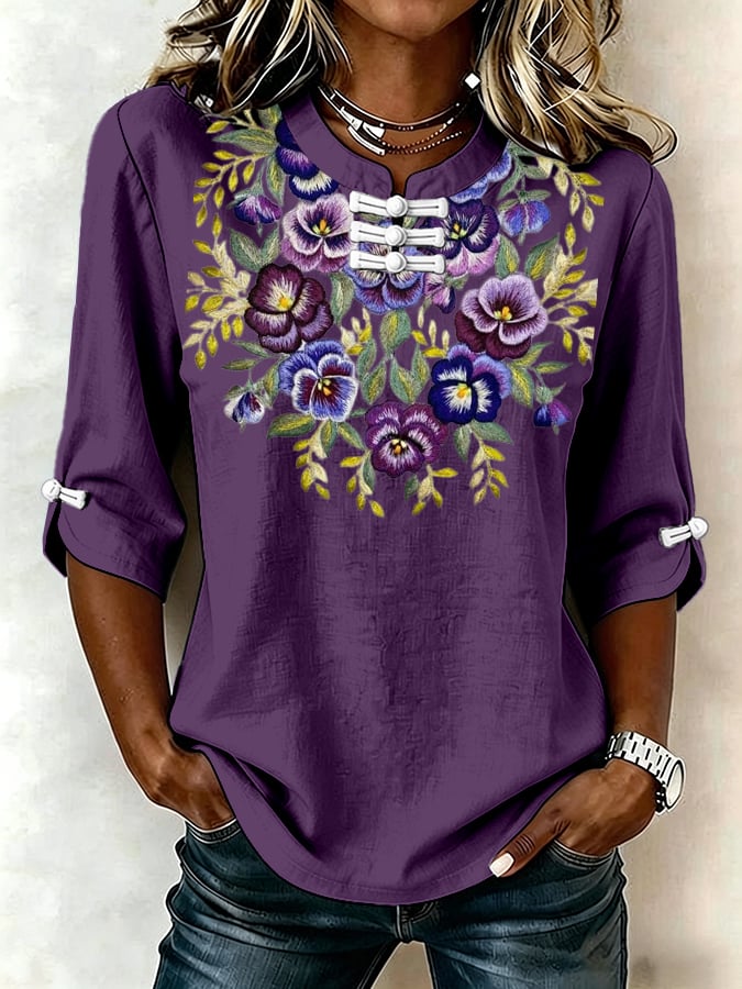 Women's Casual Retro Purple Artistic Frog-button Shirt