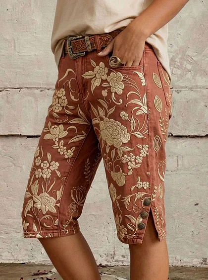 Retro Floral Print Vintage Casual Denim Short