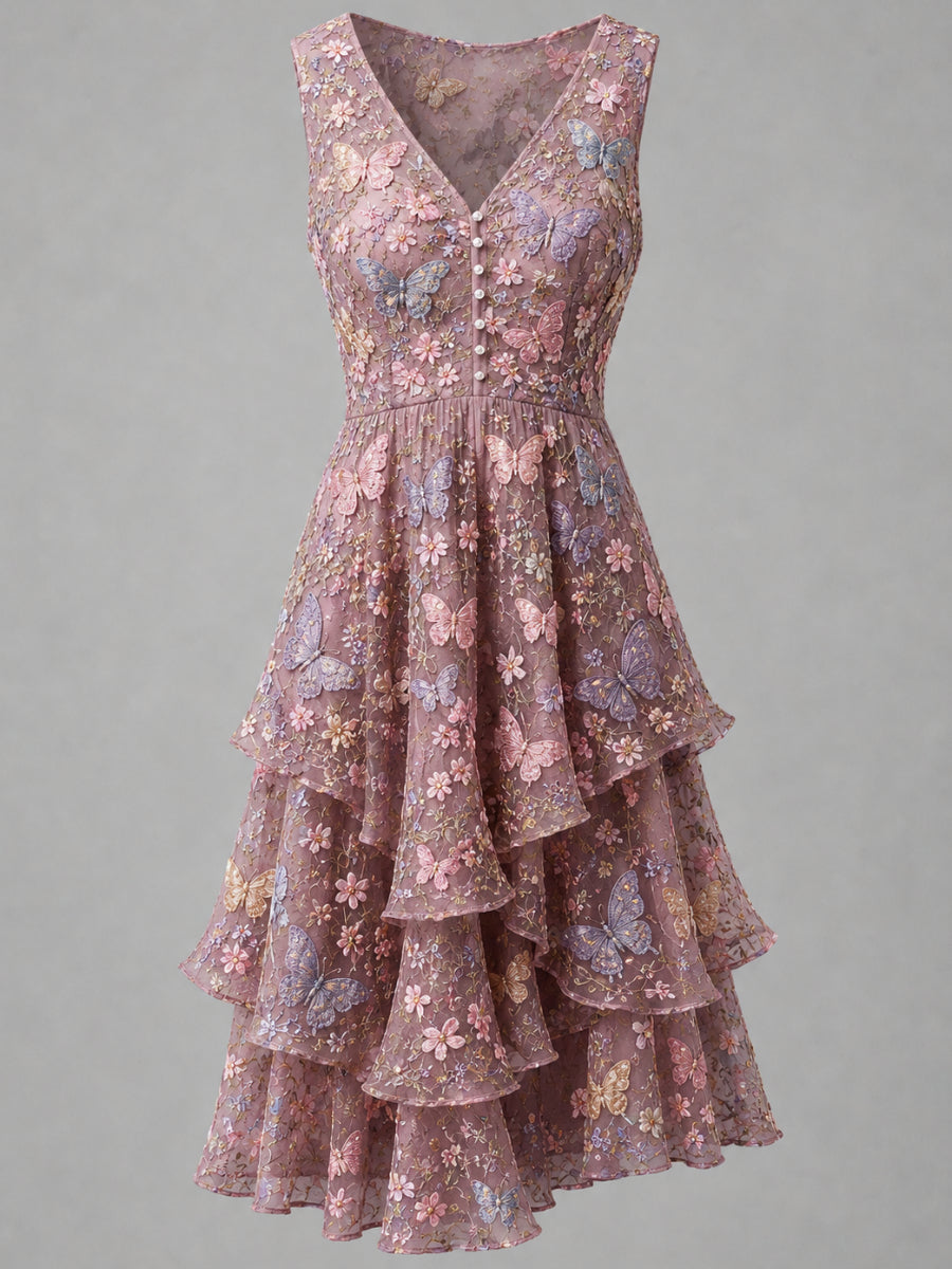 Floral Art Printed Vintage V-Neck Sleeveless Midi Dress