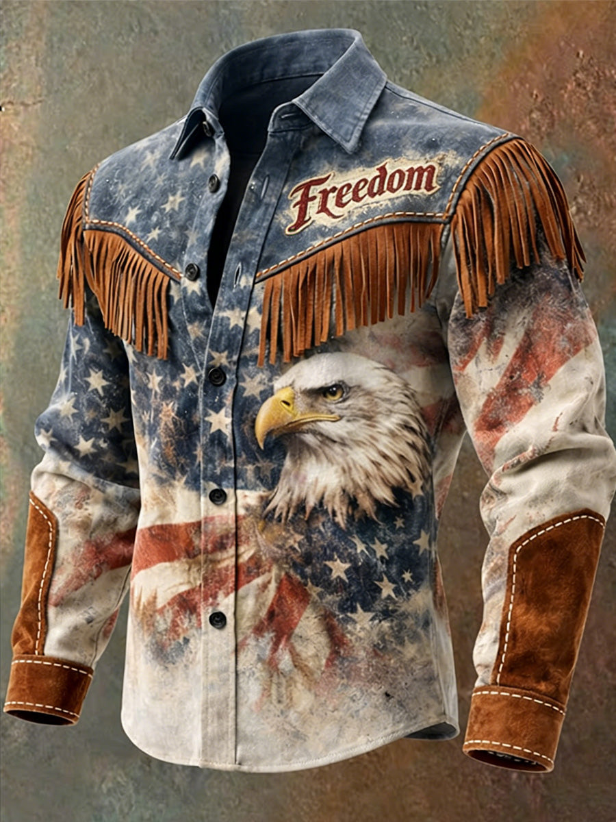 Men's Retro U.S 250 American Eagle Print Western Vintage Tassel Casual Long Sleeve Shirt