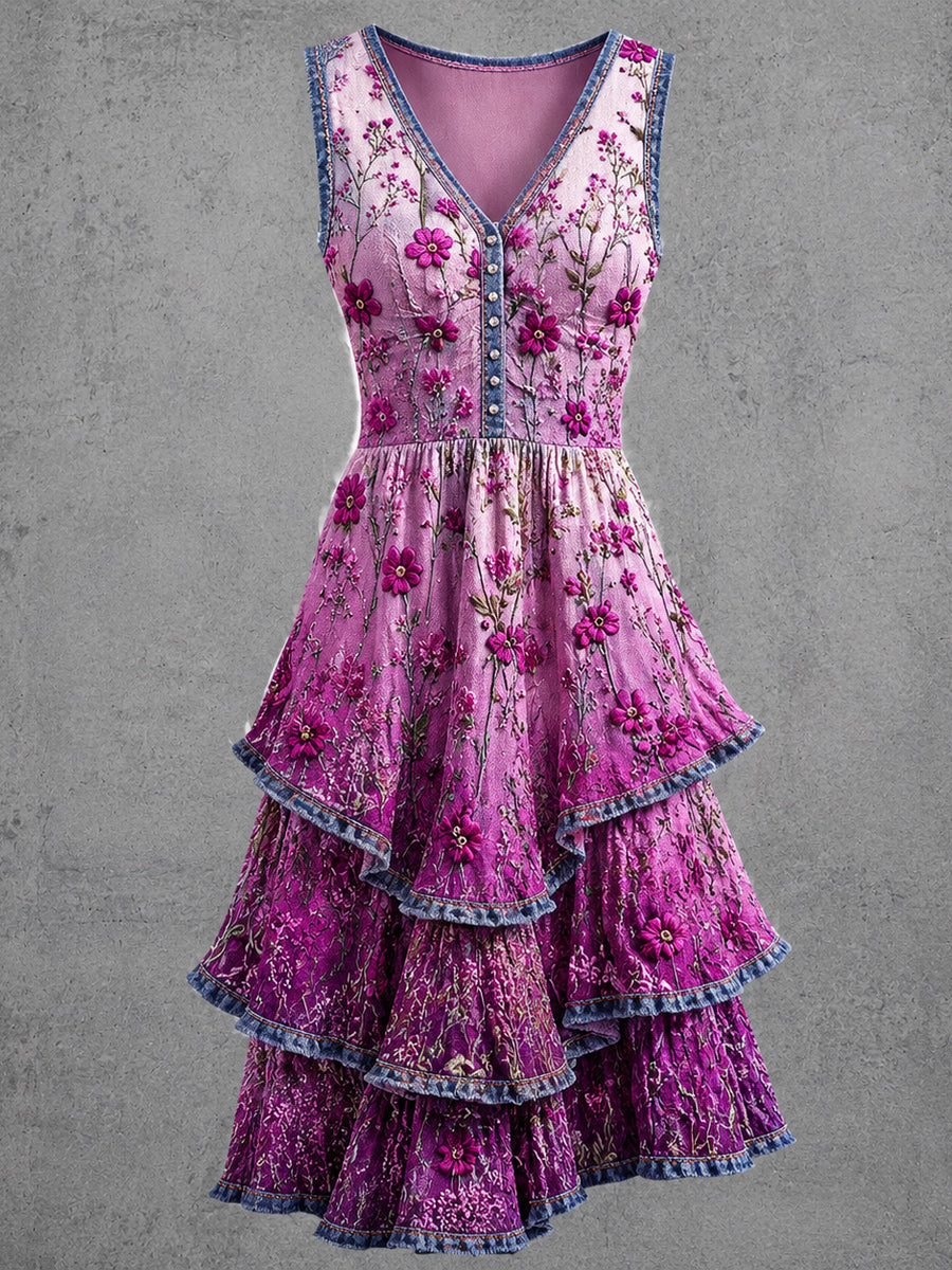 Retro Art Print Vintage V-Neck Button Up Midi Dress