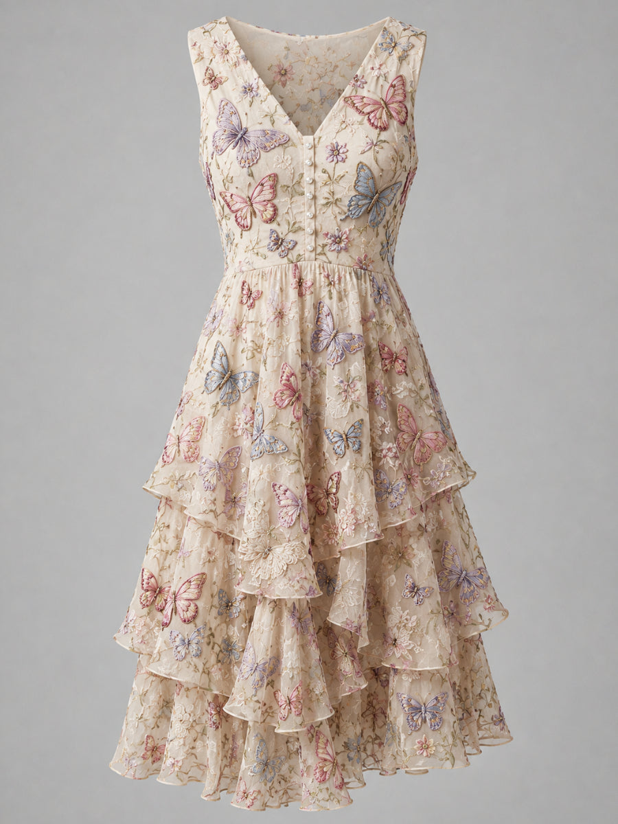 Floral Art Printed Vintage V-Neck Sleeveless Midi Dress