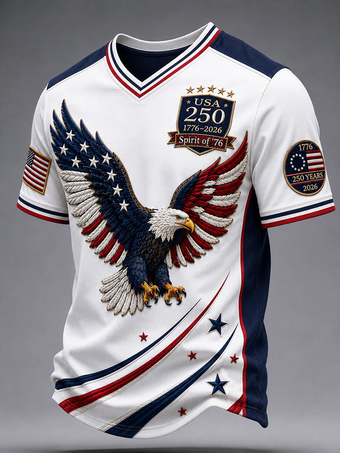 Men's Vintage USA 250th Anniversary Print V-Neck Short-Sleeve T-Shirt