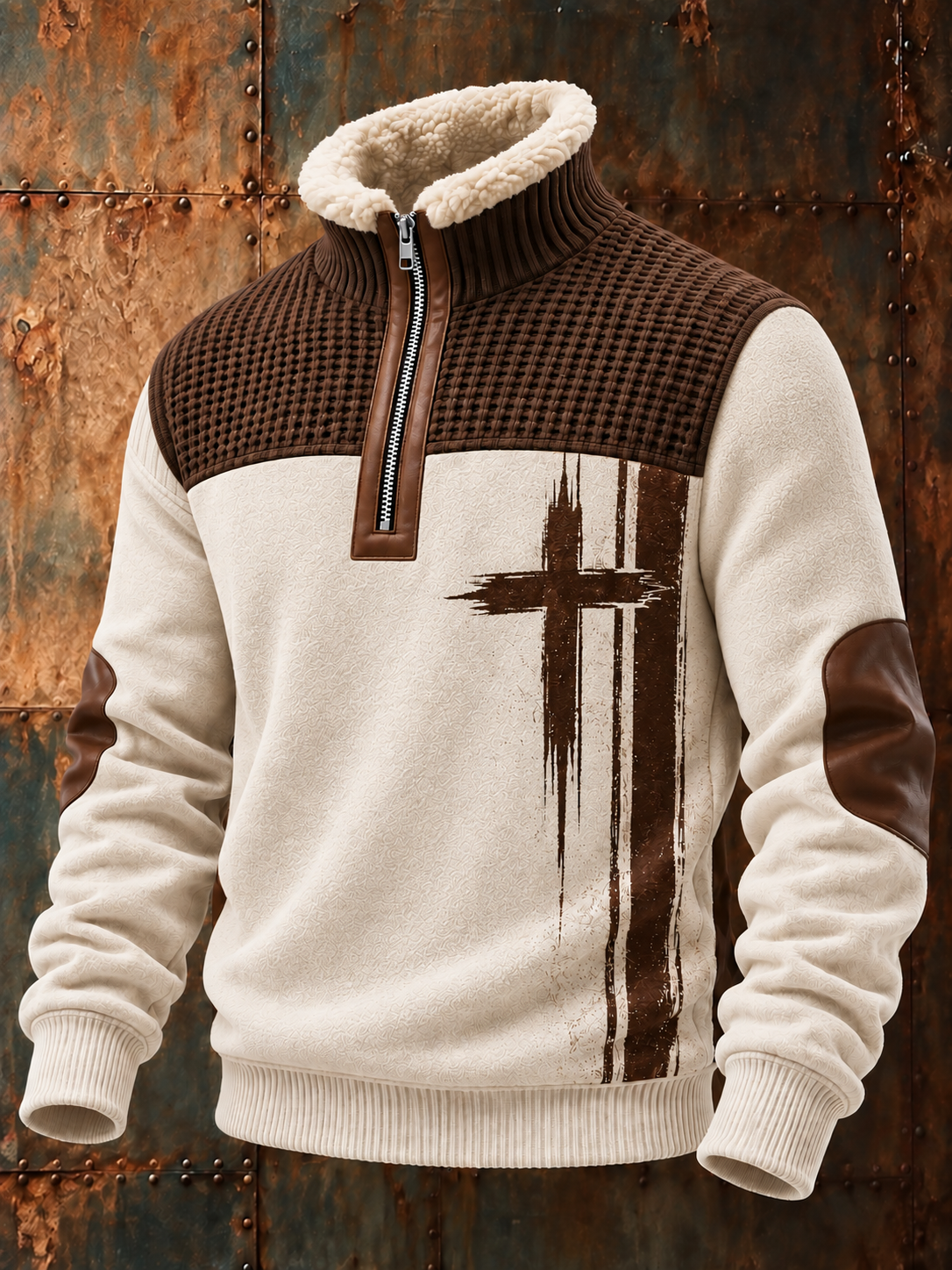 Men's Faith Art Zipper Fur Collar Long Sleeve Sweatshirt