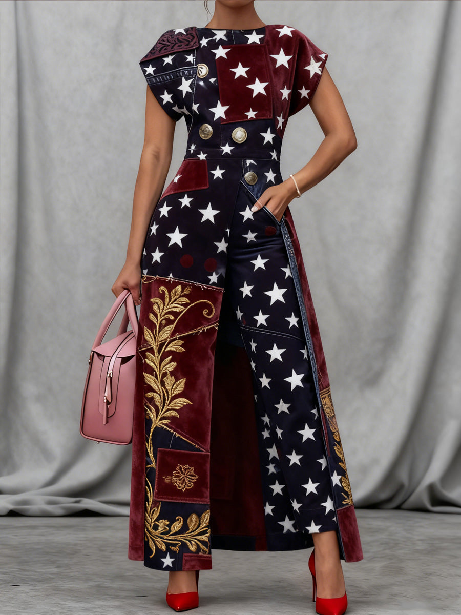 Retro Boho Denim Floral Art Print Vintage Long Split Shirts Dress Skinny Pants Two-Piece Set