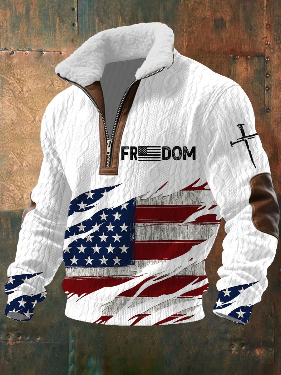 Men's Freedom American Flag Printed Jacquard Fabric Zipper Fur Collar Long Sleeve Sweatshirt