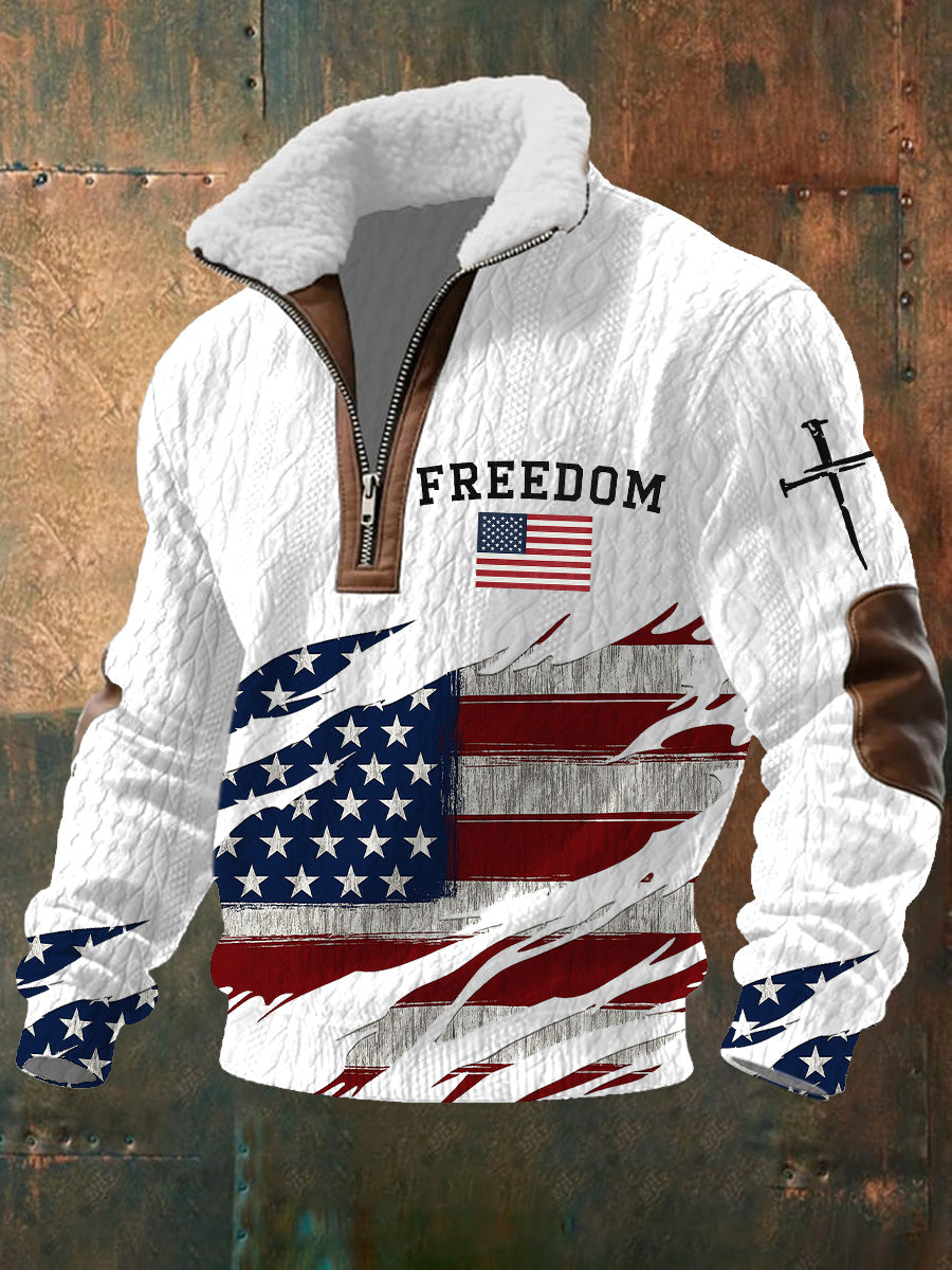 Men's Freedom American Flag Printed Jacquard Fabric Zipper Fur Collar Long Sleeve Sweatshirt