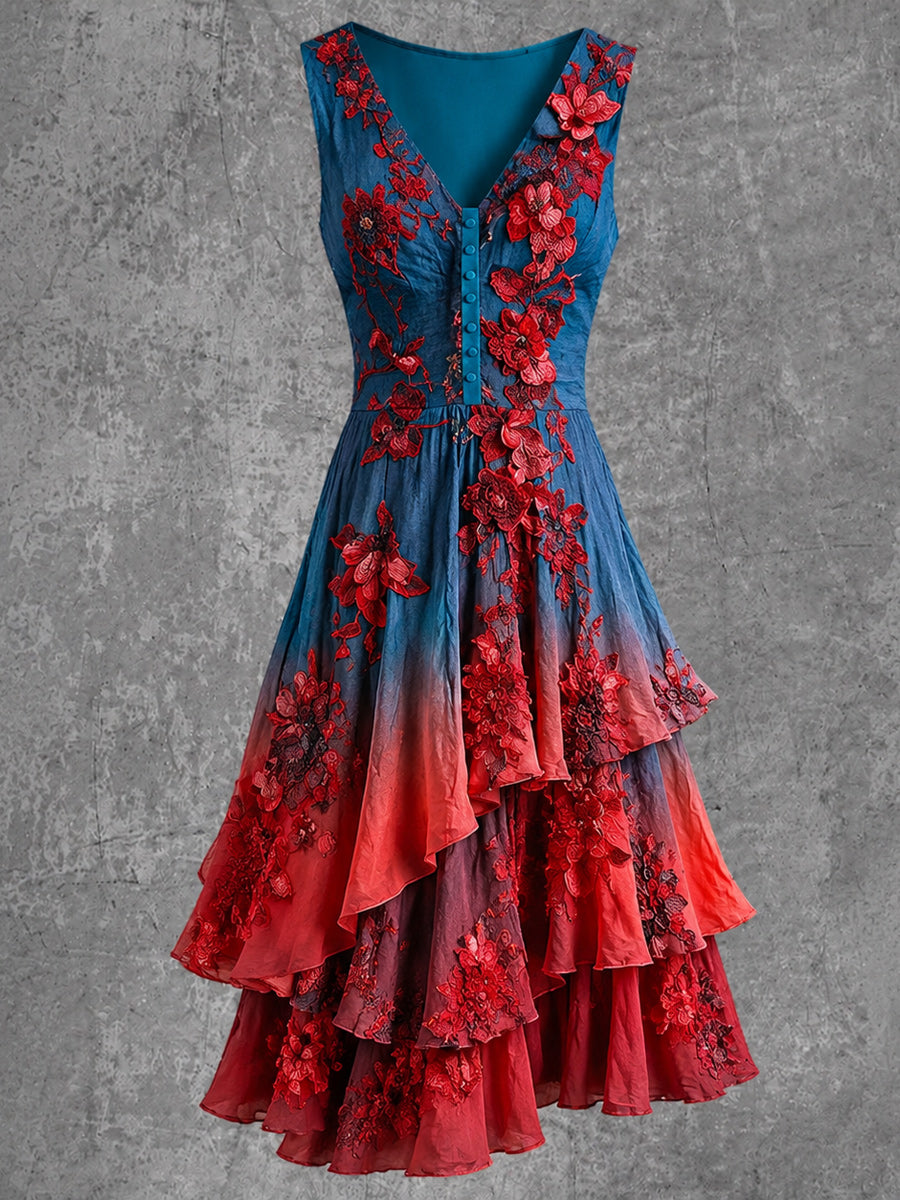 Retro Art Print Vintage V-Neck Button Up Midi Dress