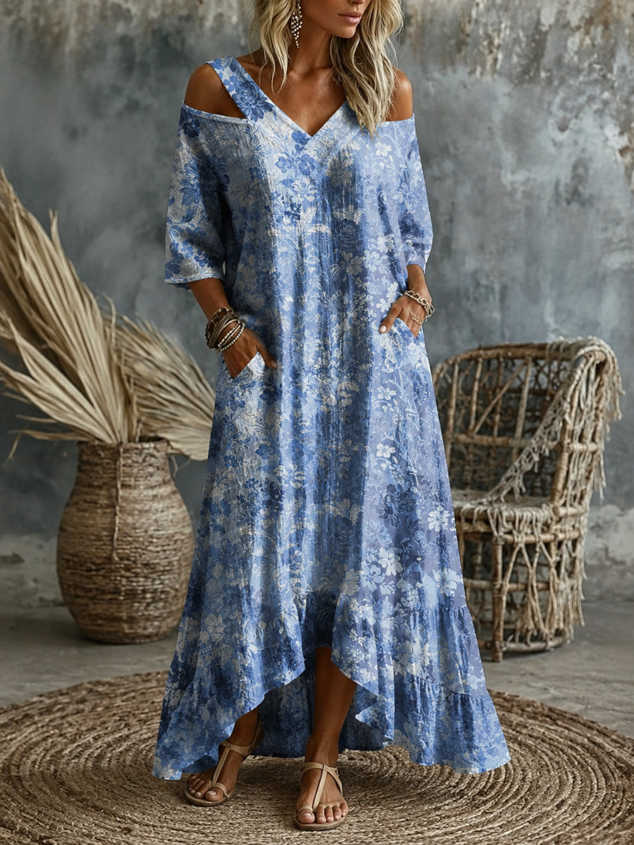 Retro Floral Art Print V-Neck Midi Dress