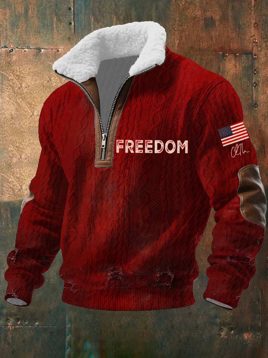 Men's Freedom American Flag Printed Jacquard Fabric Zipper Fur Collar Long Sleeve Sweatshirt