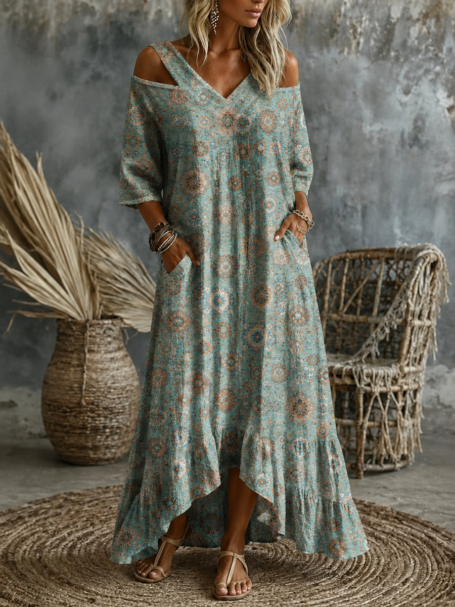 Retro Floral Art Print V-Neck Midi Dress