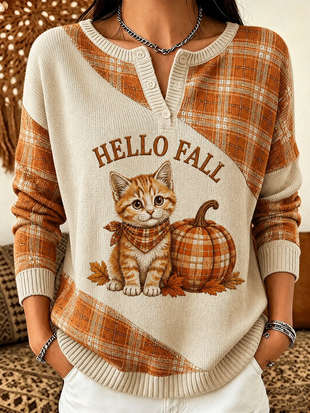 Women's Casual Autumn Cat-Print Top