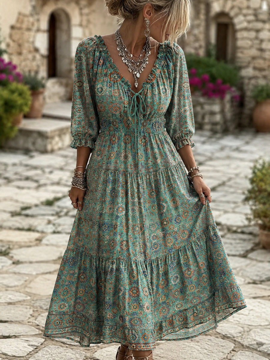 Retro Floral Art Print V-Neck Midi Dress