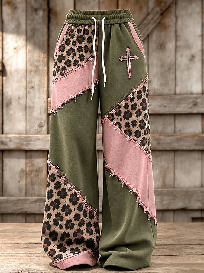 Women'S Retro Leopard Print Cross Print Pants With Patchwork Design