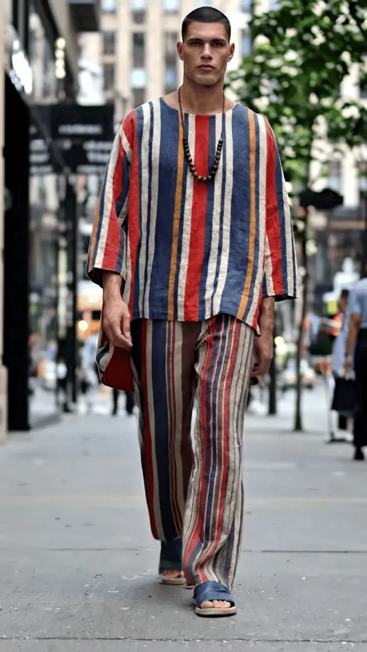 Men's Fashionable Retro Stripes Print Casual Comfort Crew Neck Top And Pants Two-piece Set