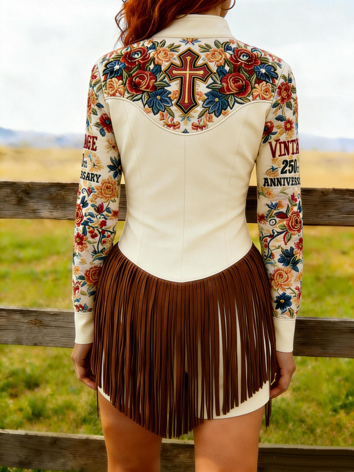 Flower Statue Of Liberty Cross Embroidered Tassel Western Dress