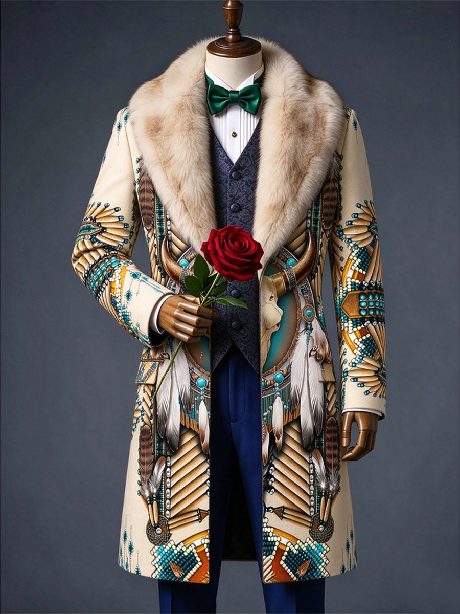 Men's Christmas Art Print Fur Shawl Collar Double Breasted Long Overcoat