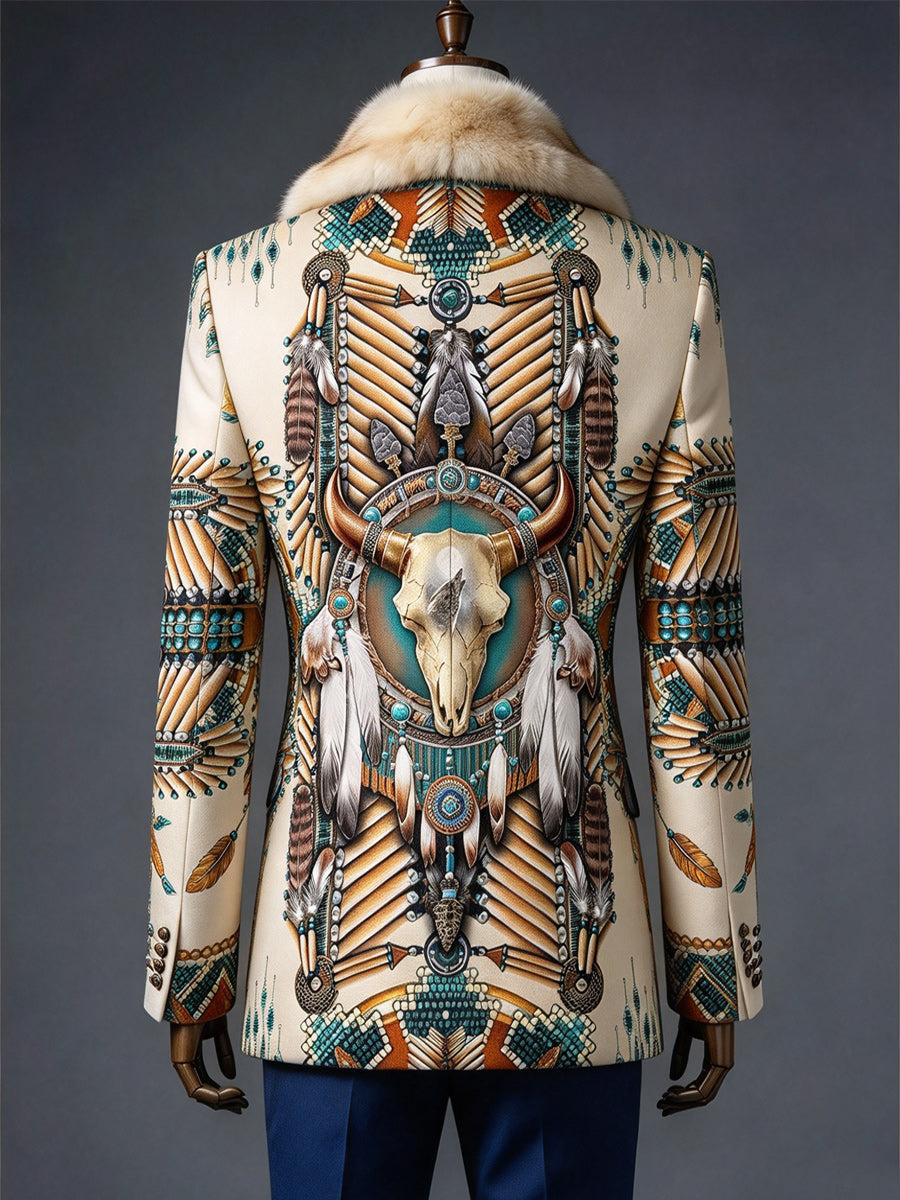 Men's Christmas Art Print Fur Shawl Collar Double Breasted Long Overcoat