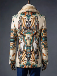 Men's Christmas Art Print Fur Shawl Collar Double Breasted Long Overcoat