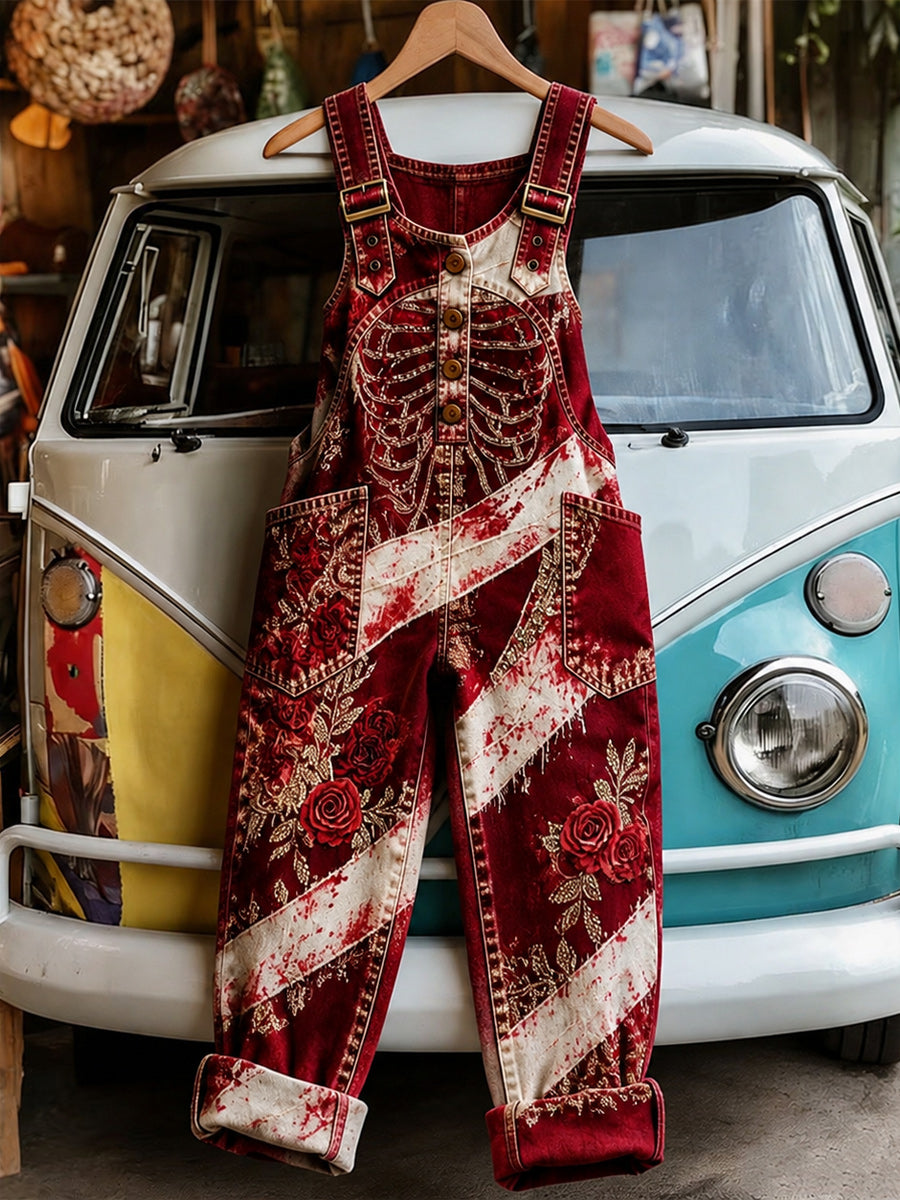 Women's Retro Style Art Print Washed Cotton Denim Patchwork Jumpsuit