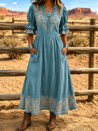 Women's Retro Art Print Washed Cotton Lace Patchwork Midi Dress