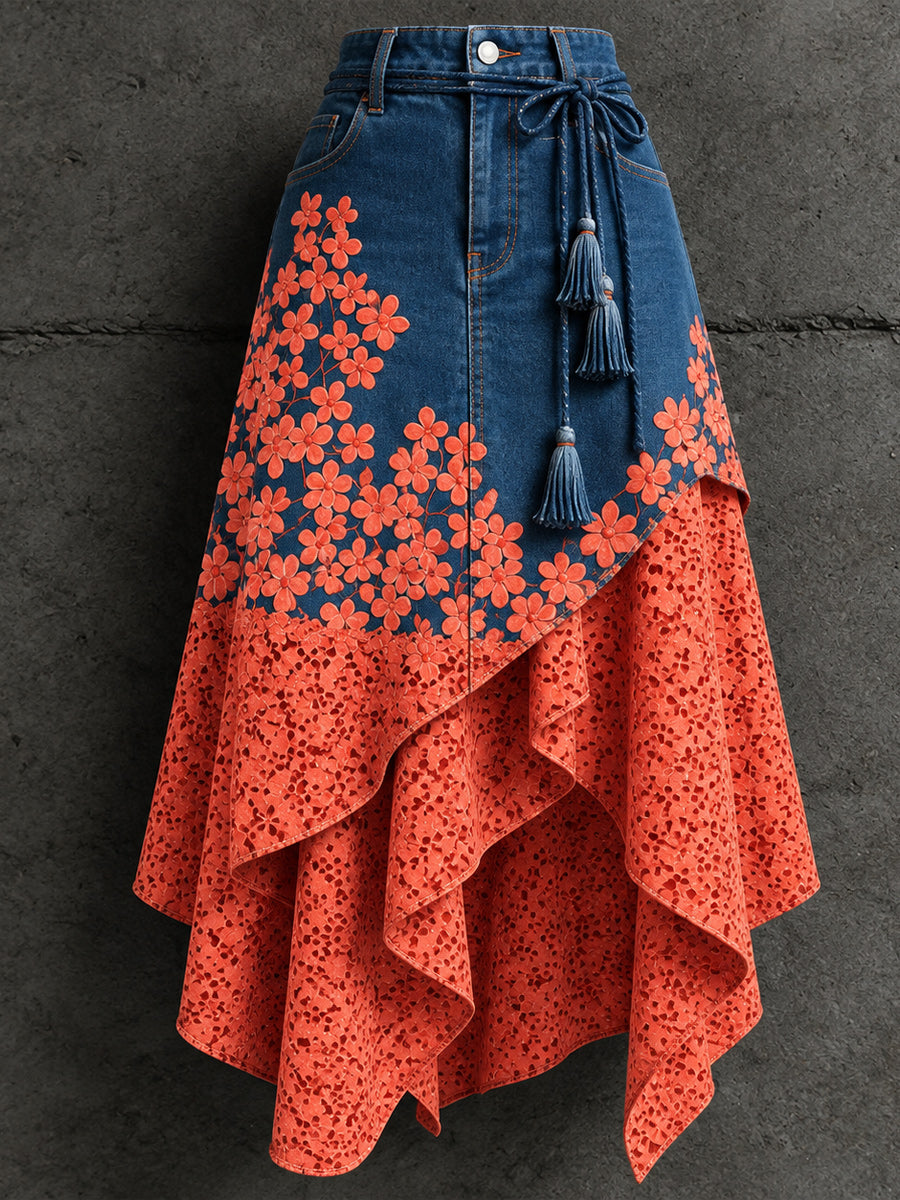 Women's Retro Style Art Print Irregularly Layered Stitched Skirt