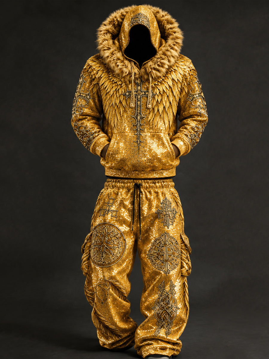 Men's Retro Style Art Print Casual Fur Collar Hooded Sweatpants Two-Piece Sets