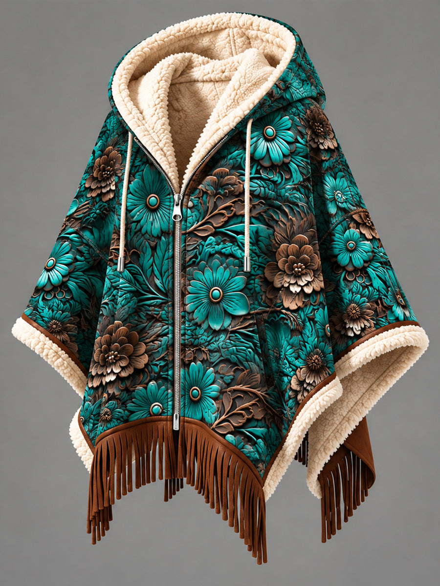 Women's Fall Winter Vintage Art Fleece-Lined Hooded Fringe Poncho