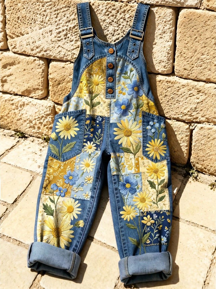 Women's Retro Style Print Washed Cotton Denim Patchwork Jumpsuit
