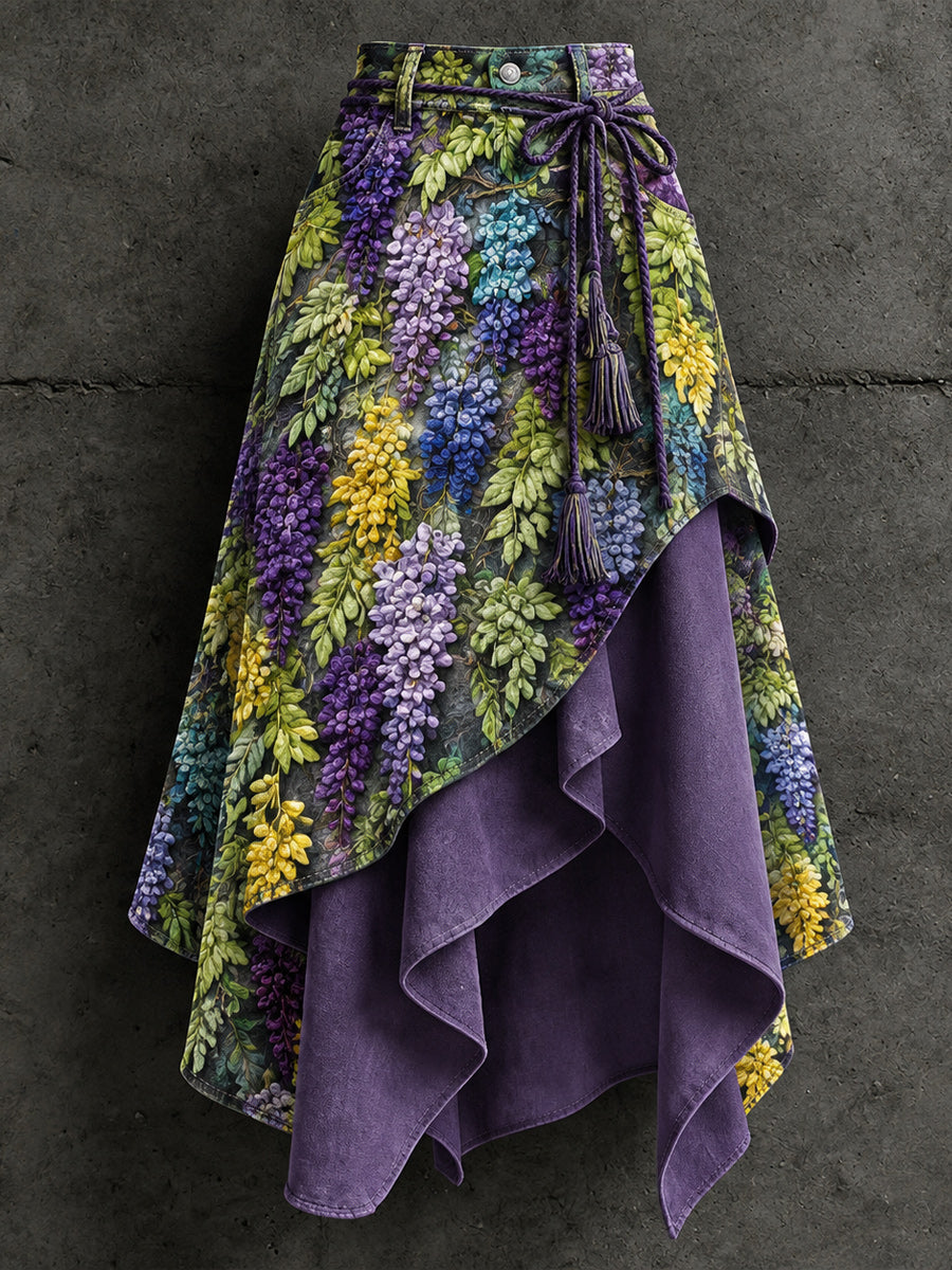 Women's Retro Style Art Print Irregularly Layered Stitched Skirt