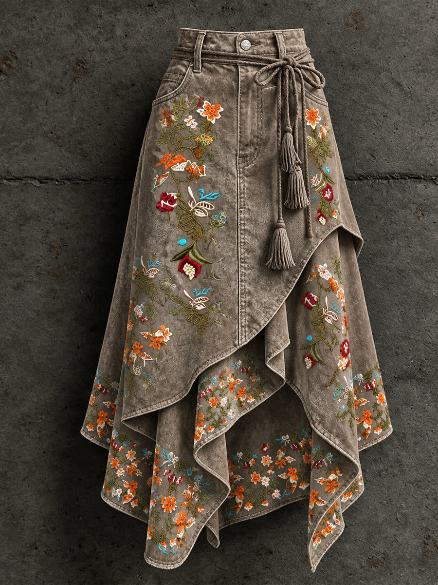 Women's Retro Style Art Print Irregularly Layered Stitched Skirt